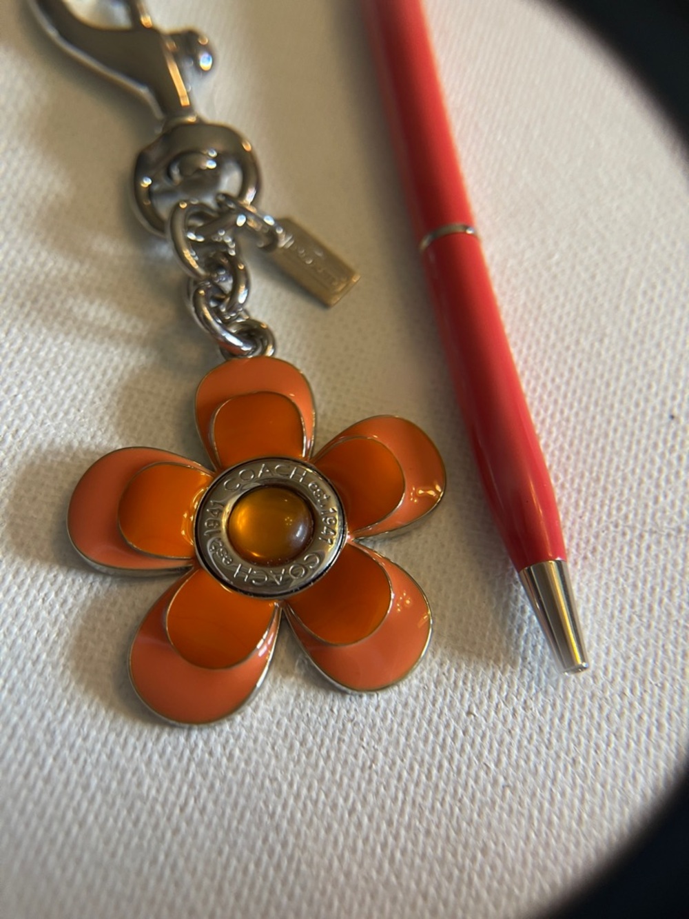 Coach Orange Enamel Flower Keychain Charm and Coach Pen - Picture 2 of 4